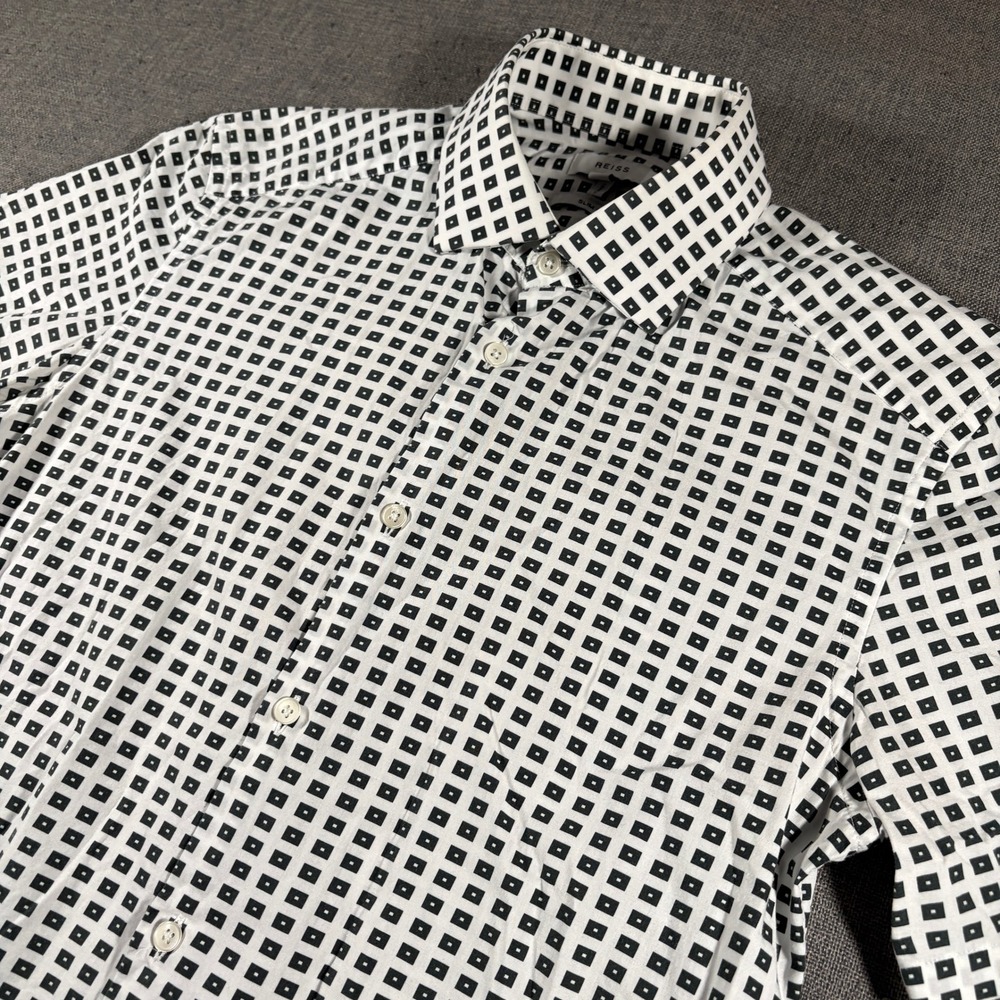 Reiss Button Down Shirt Mens XS White Black Geometric Slim Fit Short Sleeve